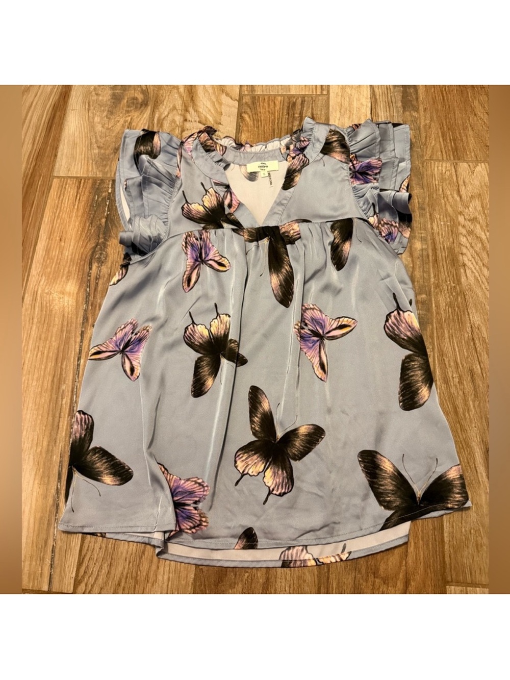 Entro Purple Satin Butterfly Ruffle Sleeve Top